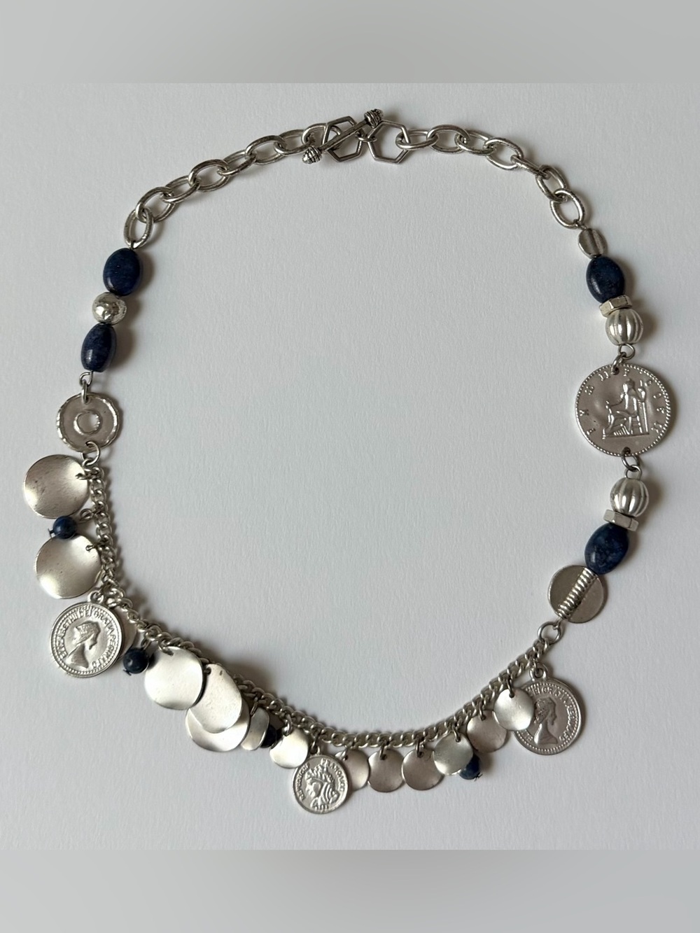 vintage euro silver coin necklace with blue lapis beads and silver charms